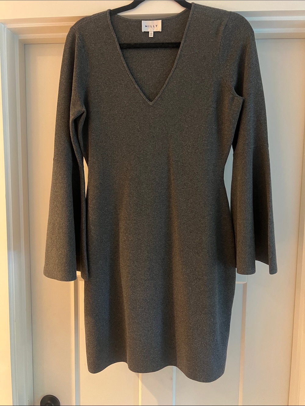 Milly Charcoal V-Neck Long Sleeve Stretch Knit Mini Dress